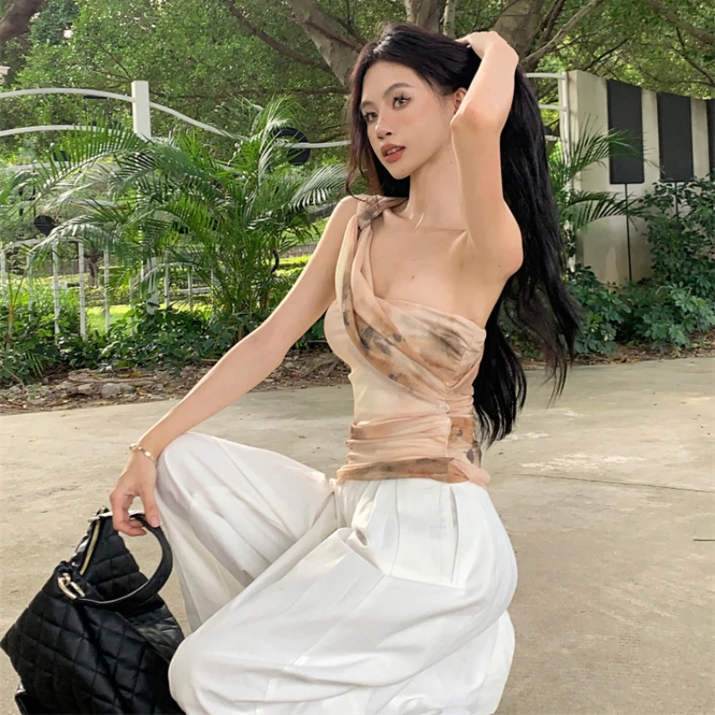 الصيف المطبوعة شبكة قمم للنساء عطلة الشاطئ مثير واحد الكتف بروتيل العصرية الجديدة الساخنة ضئيلة قصيرة حار فتاة تانك الأعلى #4