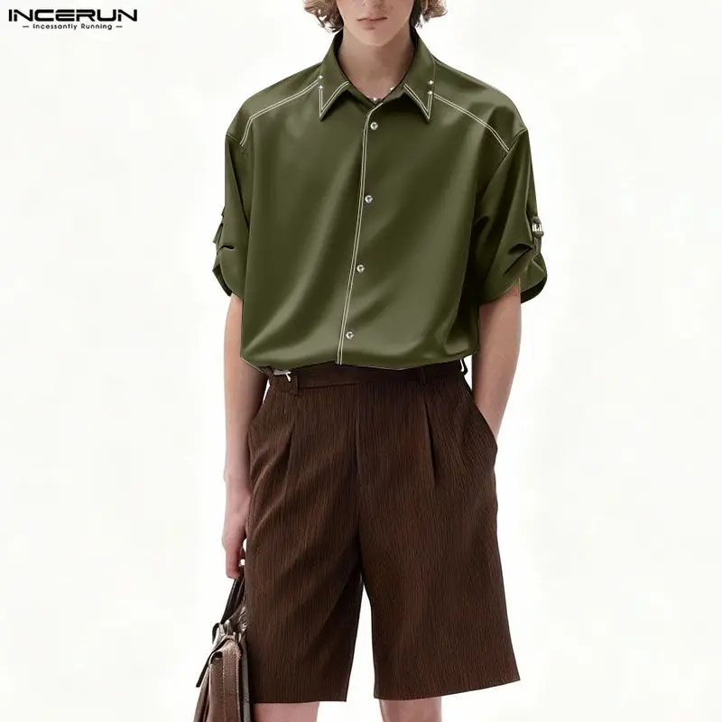 

INCERUN Мужская рубашка в стиле пэчворк с лацканами и коротким рукавом, свободная мужская одежда, уличная одежда, модные повседневные топы в корейском стиле, мужские рубашки