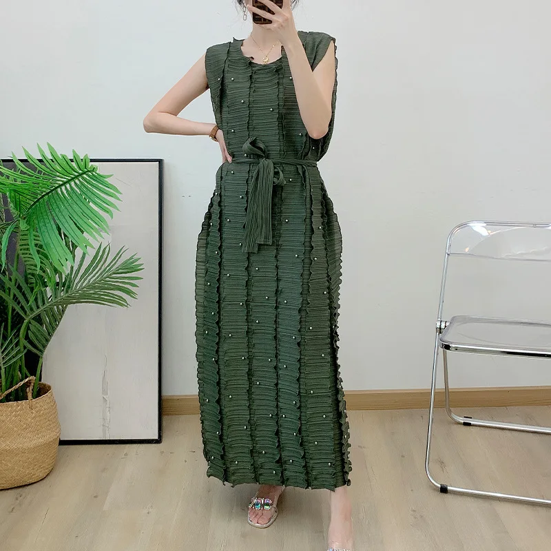 

Pleated Lace-up Beading Women's Dress Solid Color O-neck Loose Sleeveless 2023 Summer Female Causal Elegant Clothes