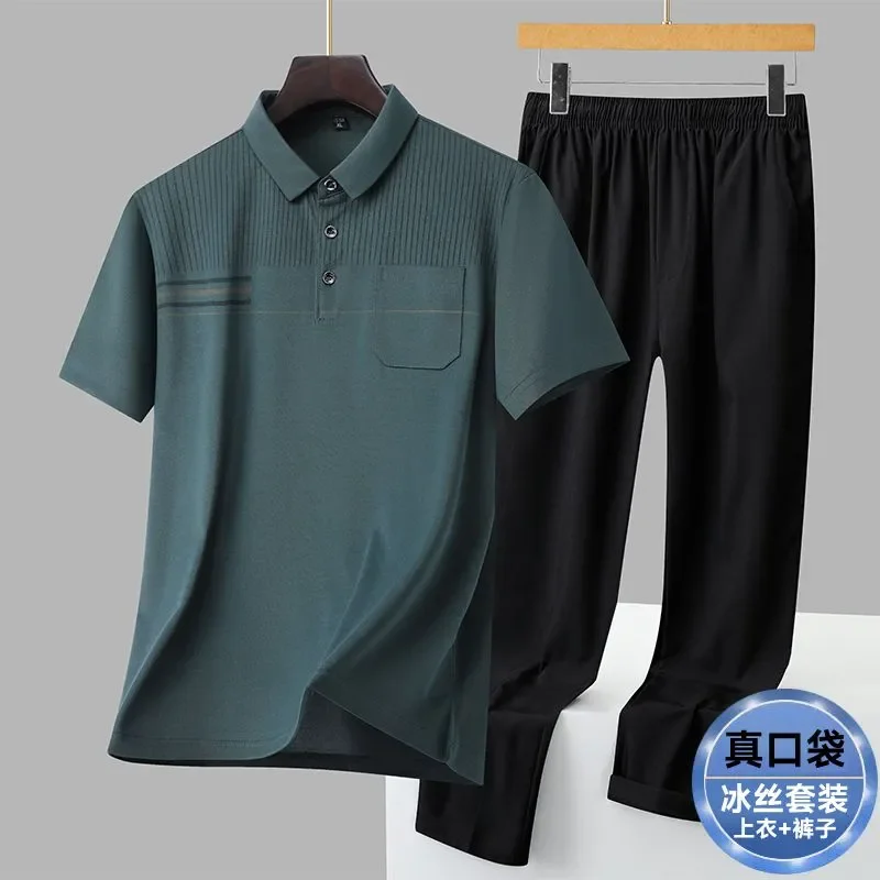 Men's Polo Shirt And Pants Set Summer Casual Sports Outfit For Middle Aged And Elderly Quick Dry Short Sleeve With Pocket view 4