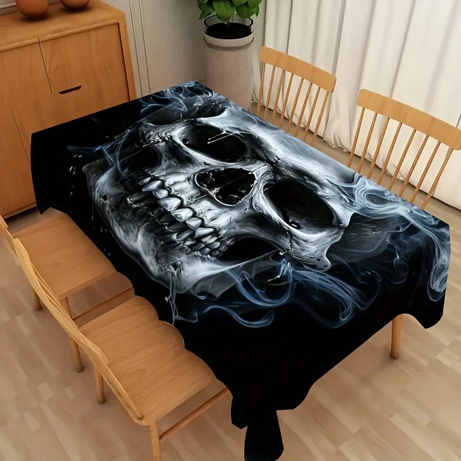 JIT-1pc Skull Head Smoking Ghost Pattern Restaurant Kitchen Tablecloth, Cool Halloween Festival Table Decoration.PMJ