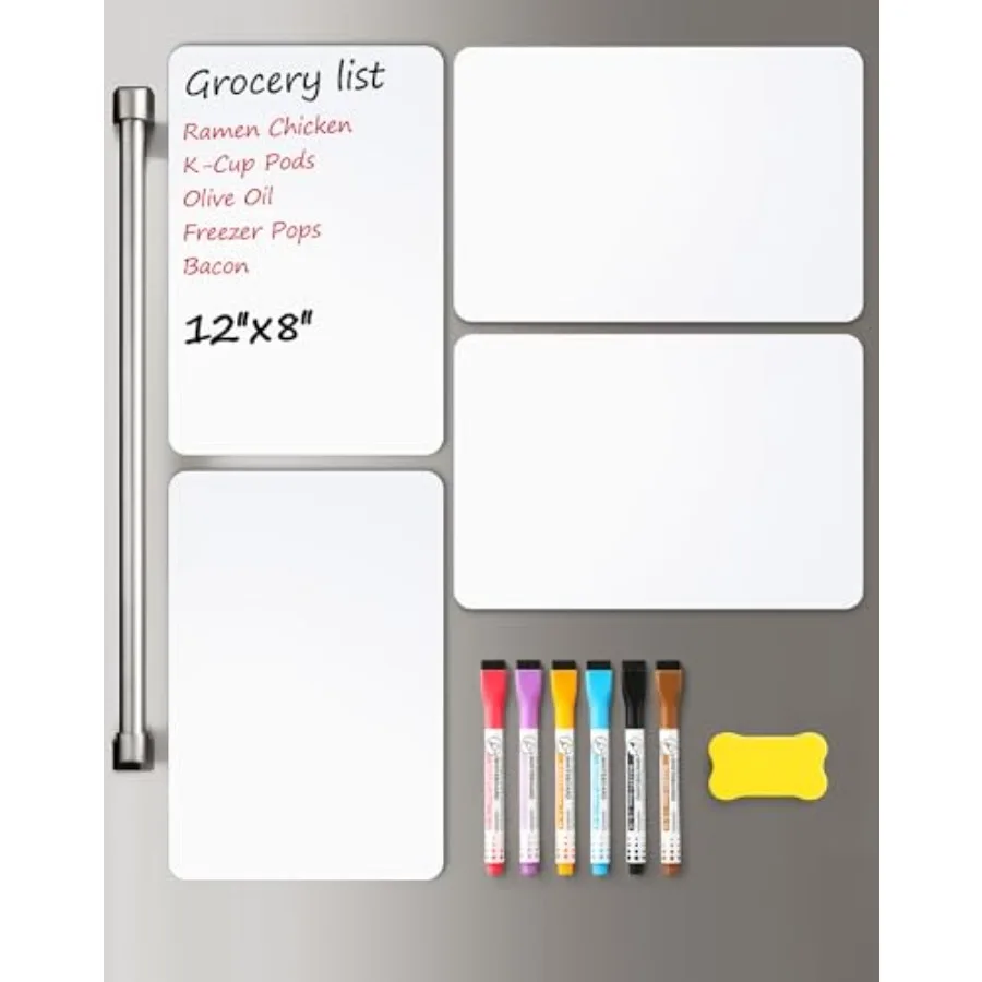 

4 PACK Magnetic Dry Erase Board Sheet for Fridge, 12"x8" Erasable Refrigerator WhiteBoard w/ 6 Markers and 1 Eraser- Smooth and