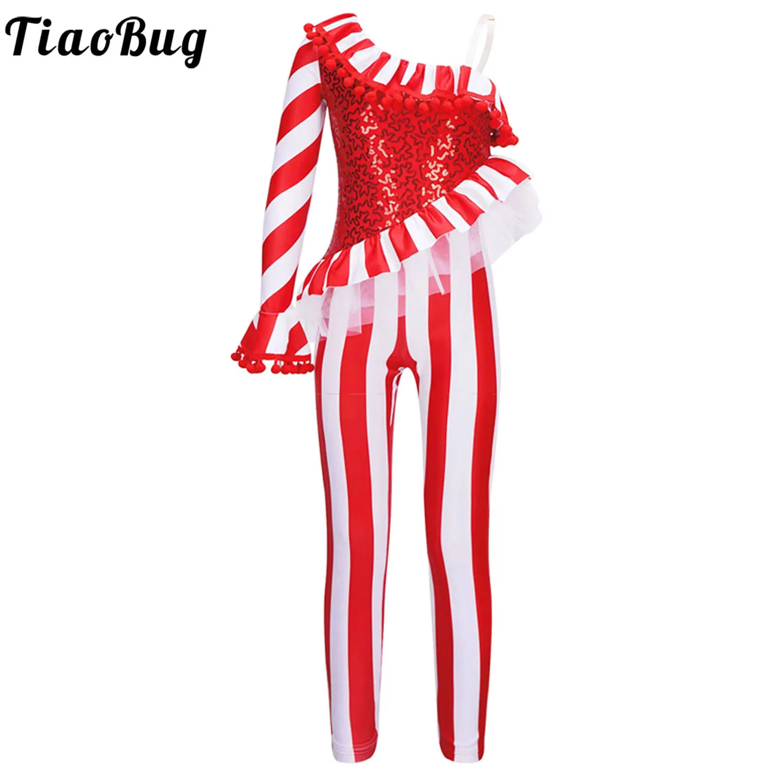 

Kids Girls Christmas Jumpsuit Candy Cane Striped Sequins One Shoulder Bodysuit Ballet Gymnastics Leotard Skating Dancewear