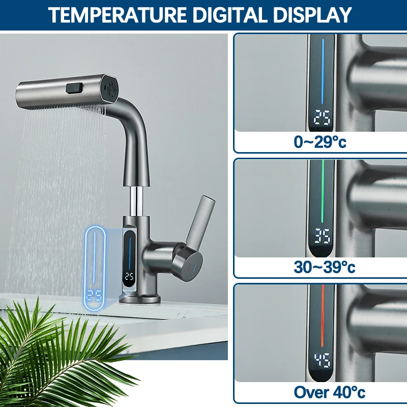 Temperature Digital Display Basin Faucet For Bathroom Pull Out Waterfall Stream 3 Way Sprayer Hot Cold Water Sink Mixer Wash Tap