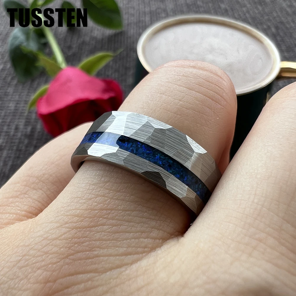 TUSSTEN 8MM Silver Hammered Tungsten Finger Ring for Men Women Fashion Engagement Wedding Band Genuine Blue Opal Inlay