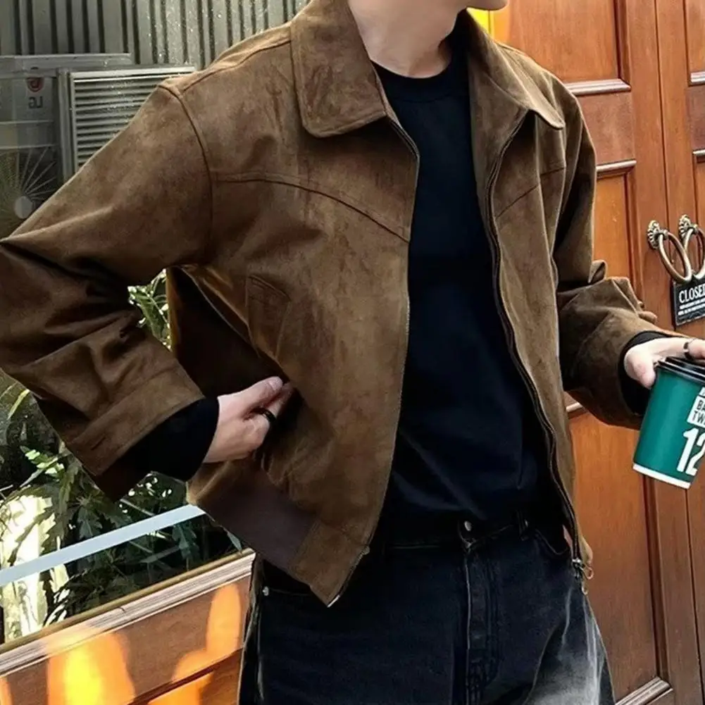 Lightweight Men Jacket Stylish Men's Lapel Jacket with Zipper Closure Side Pockets Solid Color Outwear for Short Style for Men
