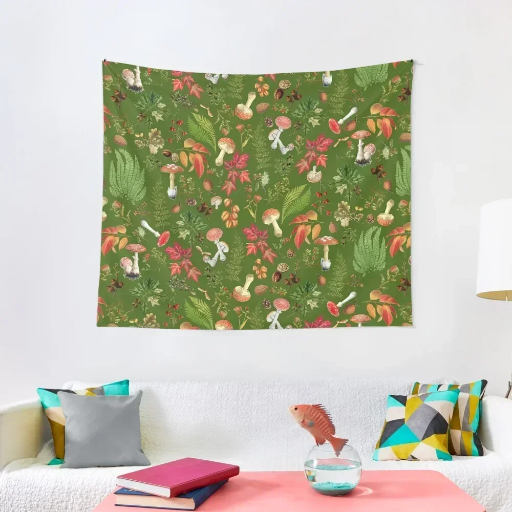 

Vintage Mushrooms In Forest Botanical Pattern -Green Tapestry Decor Home Room Decor Korean Style Tapestry