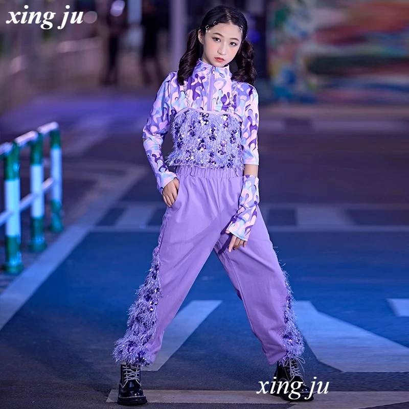 Nuovi bambini Jazz Dance Costume Ragazza Street Dance Sling Vest Top con cerniera Pantaloni patchwork di moda Bambini Hip Hop Stage Show Wear