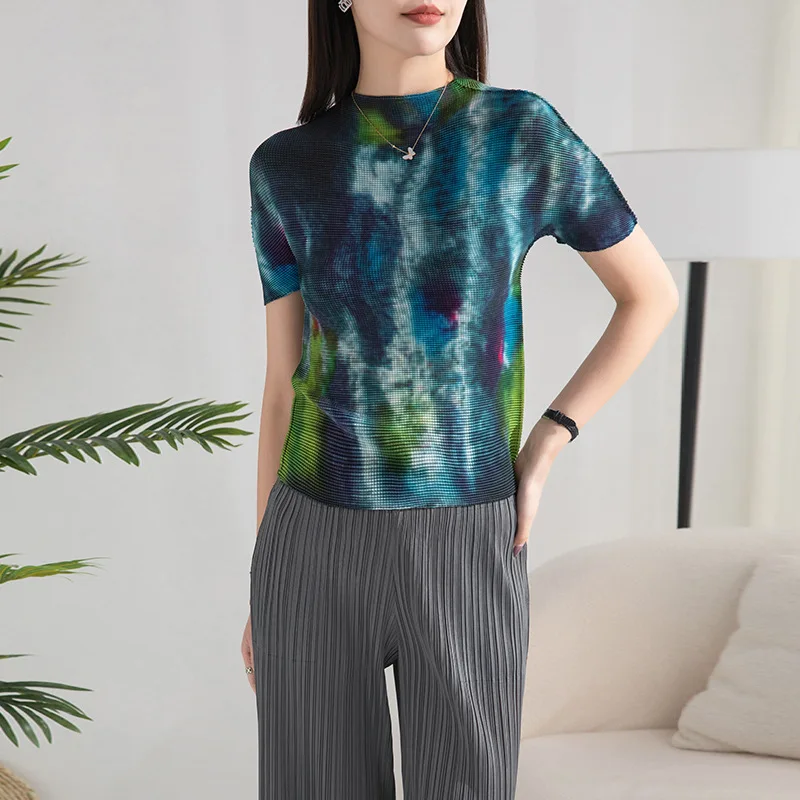 Miyake Style Printed Half Turtleneck Short-Sleeved Tops Women2023 Summer Fashion Slim Fit Corn Pleated Bottoming t-shirts women