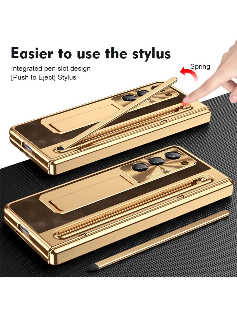 Etui skórzane z długopisem do Samsung Galaxy Z TriFold Fold 8 7 6 5 4, elektroplaterowane zawiasy, odporne na wstrząsy, z podstawką i szklaną folią. — zdjęcie produktu 7