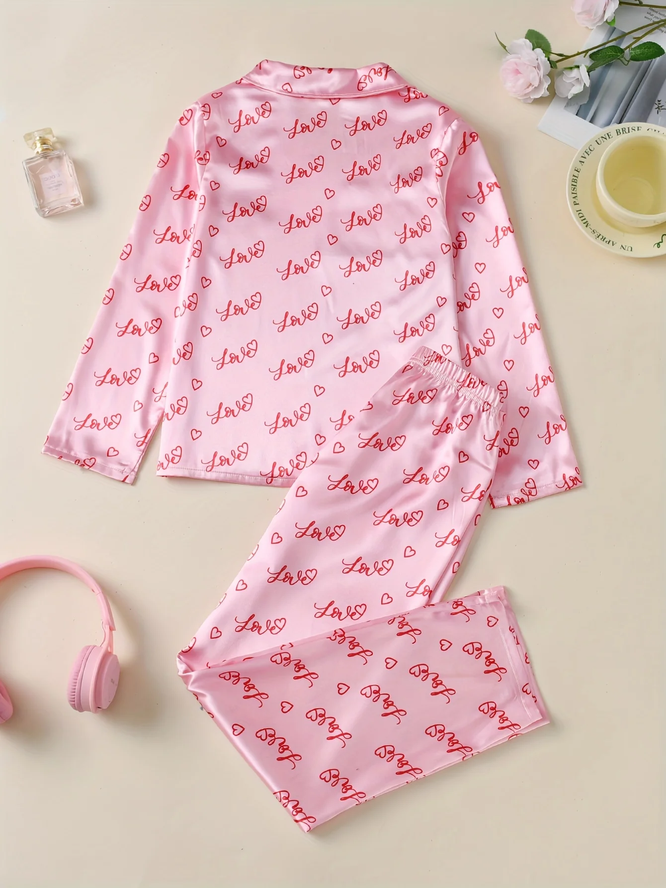 2-Piece Girls Satin Pajama Set - Soft Striped Print Button Up Lapel Collar Blouseand Pants for All-Season Sleepwear, Loungewear