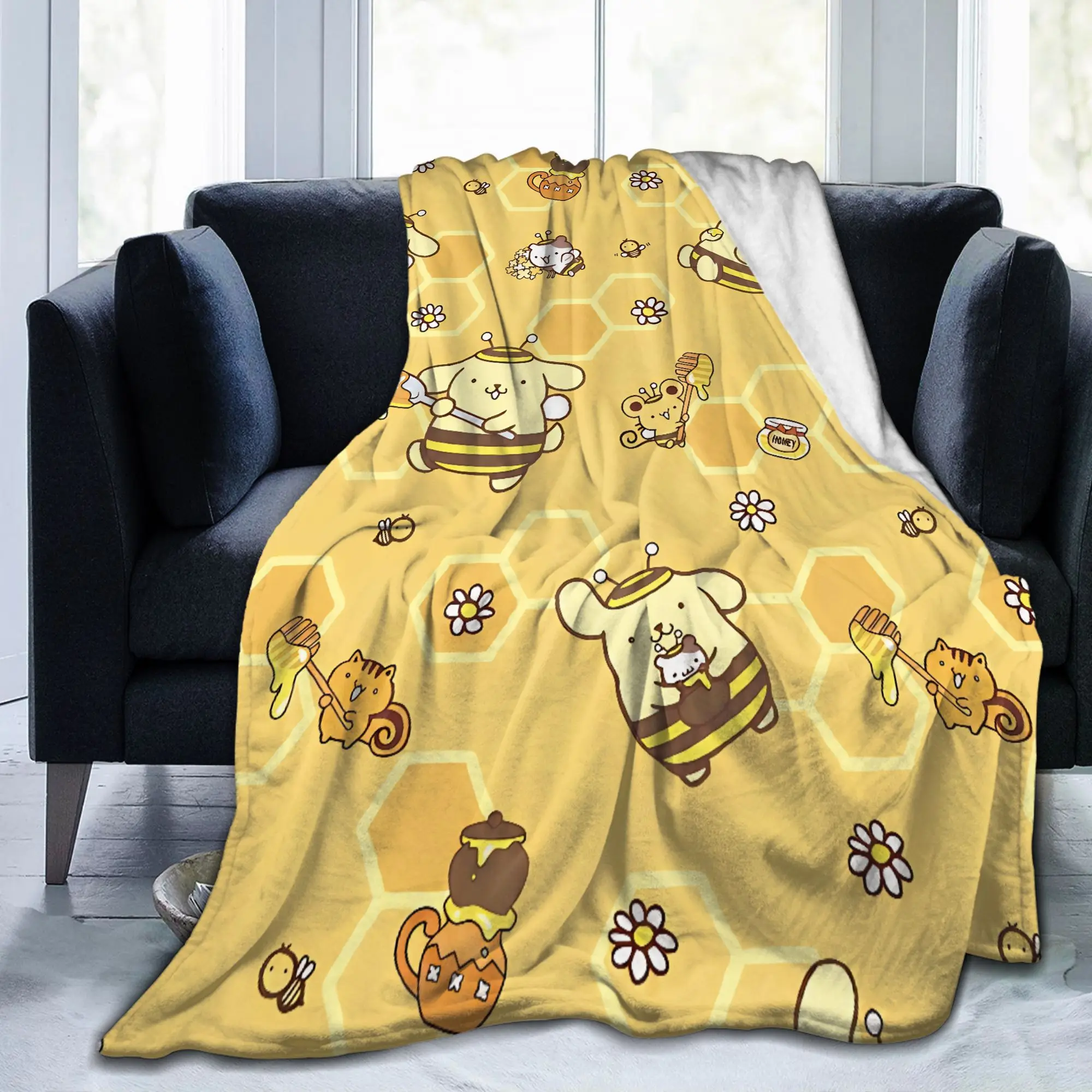 Pompompurins Cute Bee Blanket Coral Fleece Plush Spring/Autumn   Multifunction Soft Throw Blankets for Bed Travel Bedding Throws