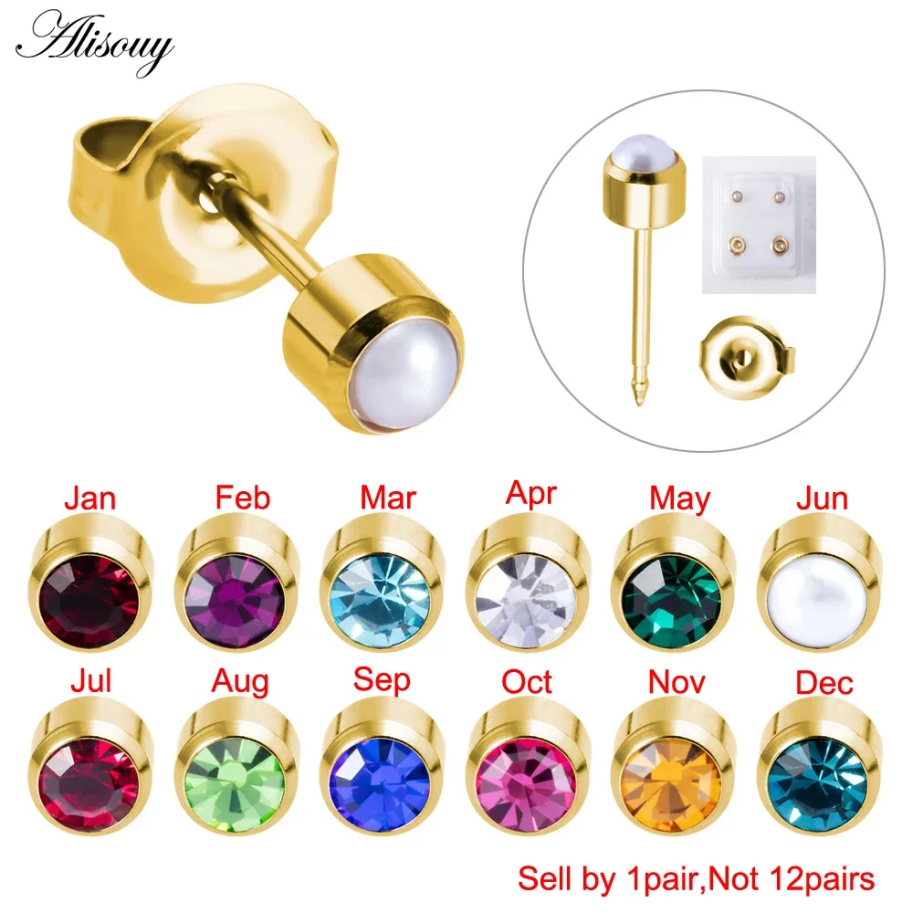 Alisouy, 2 piezas, pendientes de circonita con piedra natal de acero chapado en oro a la moda, pendientes CZ para Piercing, pistola, cartílago del trago, joyería para la oreja