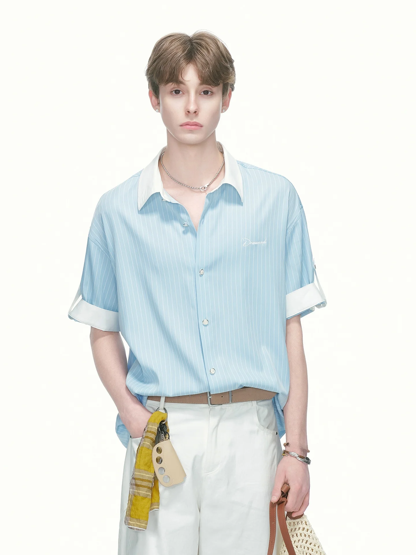 Dream Made College Style Striped Color Block Short Sleeve Shirt Unisex Summer Casual Half Sleeve Blouse Loose Fit Commute Wear