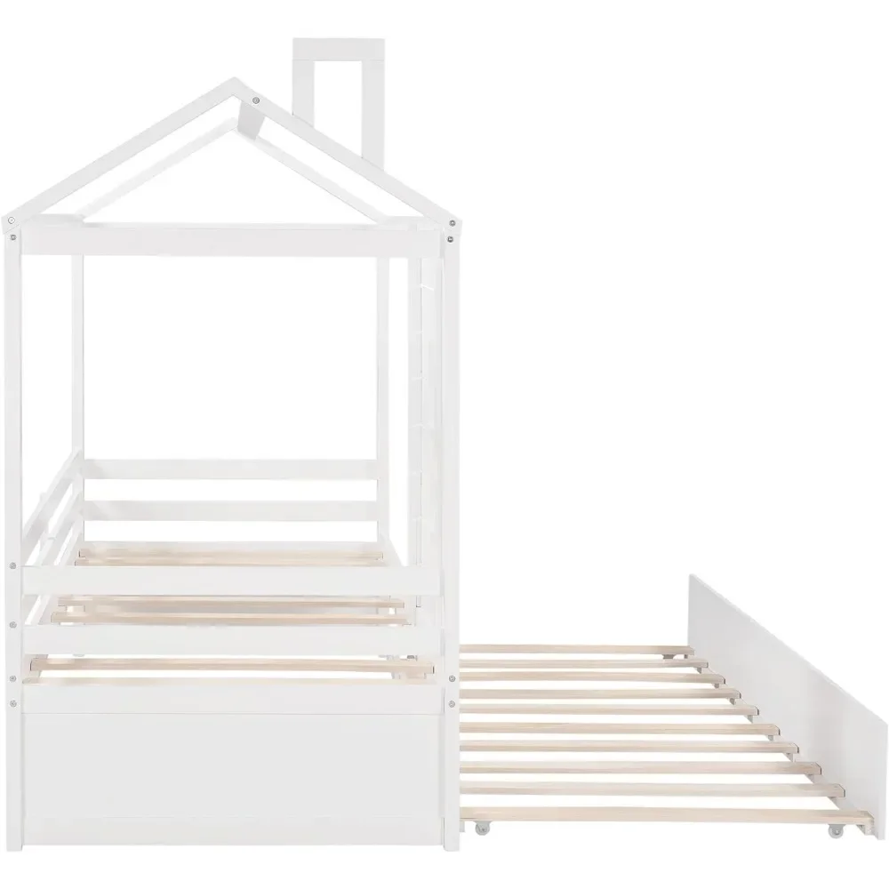 Casa de cama de tamaño doble para niños, cama Montessori con diseño de Trundle, ventana y techo, marco de cama para niños, casa de juegos divertida