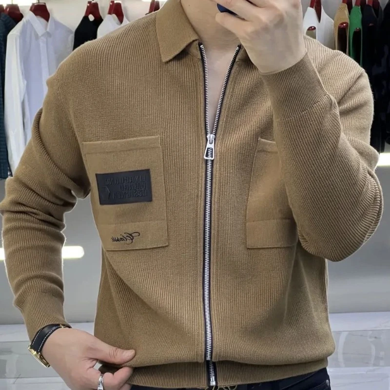 Autumn and Winter New Men Knitted Lapel Pull Coat Pocket Knitted Jacket Slim Fashion Trendy New Coat