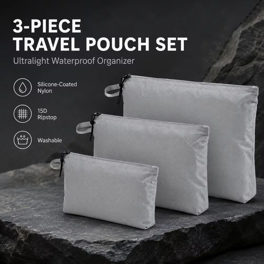 Backpack Insert Organizer - 超軽量で防水性のあるトラベルポーチ3点セット。15Dシリコンコーティング加工のナイロン製で、キャンプやハイキング、バックパックの荷物整理に最適。