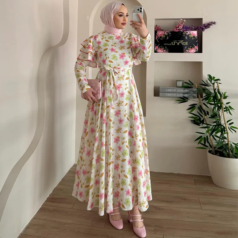 

New Summer Fashion Fresh Printed High-waisted Slim-fit Belted Ruffle Hem Dress
