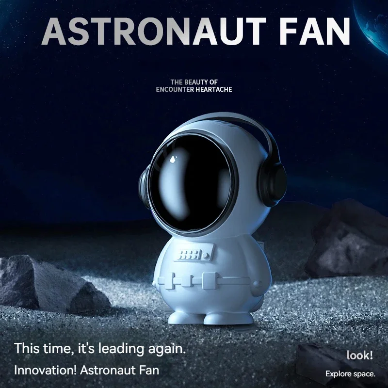 مروحة محمولة معلقة على الرقبة لرائد الفضاء كارتونية صغيرة عبر الحدود محمولة بدون أوراق شحن مروحة USB تصميم بدلة الفضاء ماتر بلاستيكي