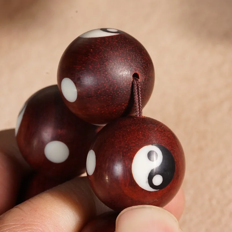 Chinese Style Red Sandalwood Tai Chi Bagua Inlaid Gourd Beaded Bracelet Unisex Couple Good Luck Blessing Fortune Prayer Beads