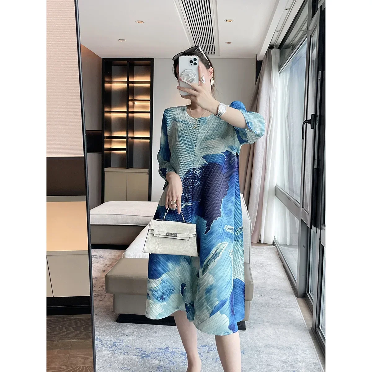 Pleats Pleated Printed Dress Go 2024 Spring Summer New Painting Printing Elegant Loose Thin Dress Temperament Mid-length Skirt