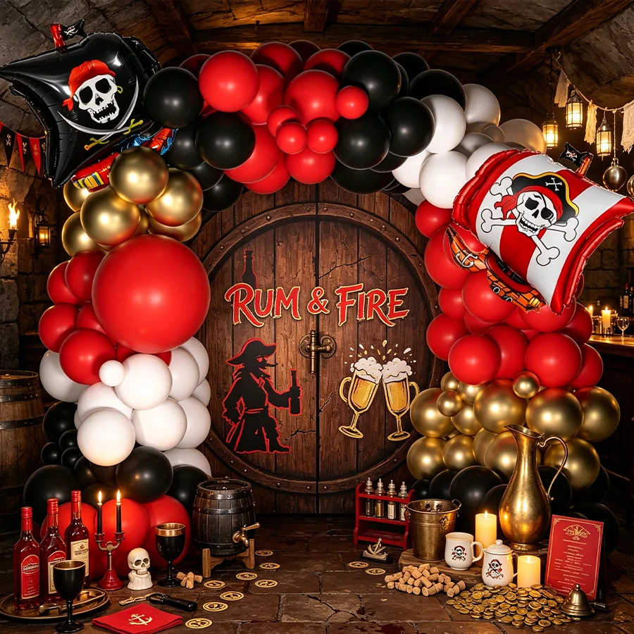 105-teiliges Rum&Fire Piraten-Ballonbogen-Girlanden-Set Piratenschädel-Flagge Folienballons Schwarz Rot Weiß Metallic Gold Latexballons DIY Ballon-Kit Nautisches Piraten-Thema Halloween Geburtstag
