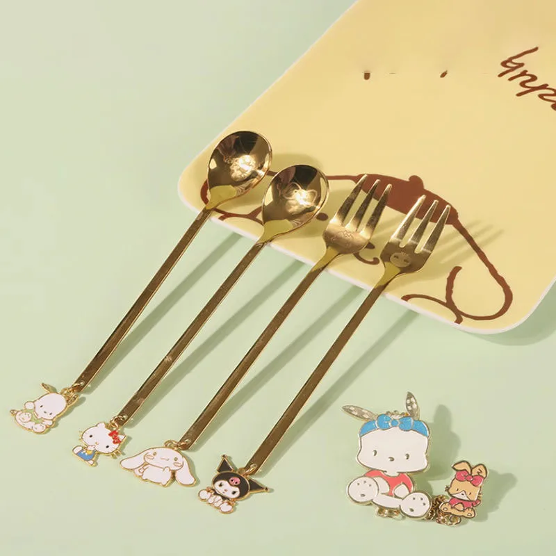 

New Hello Kitty Cinnamoroll Cute Golden Pendant Fork Spoon Utensils Pochacco Kawaii Anime Household Fork Spoon Toys for Gifts