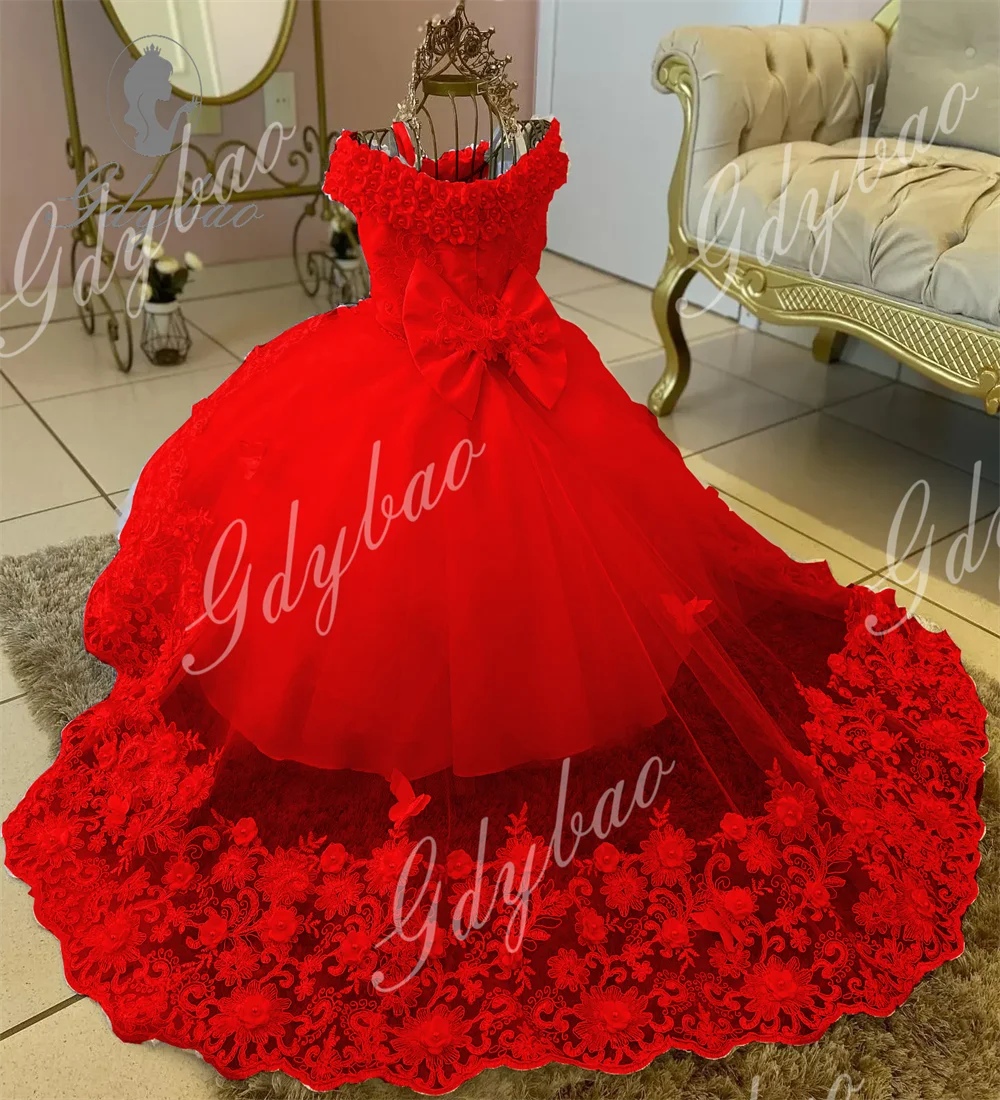 Red Bow Puffy Flower Girl Dress Para Casamento Sem Mangas Princesa Festa Tule Primeira Comunhão Beleza Pageant Aniversário