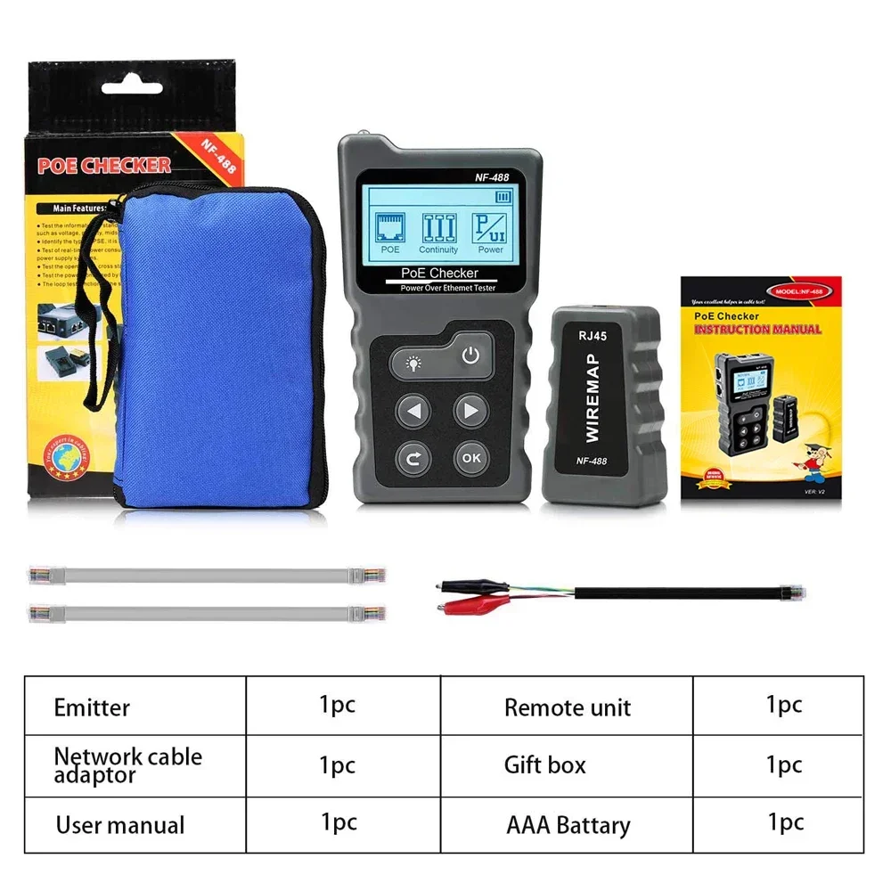 Noyafa NF-488 LCD Network Cable PoE Checker Inline Voltage Current Tester With Cable Tester Lan Tester Wire