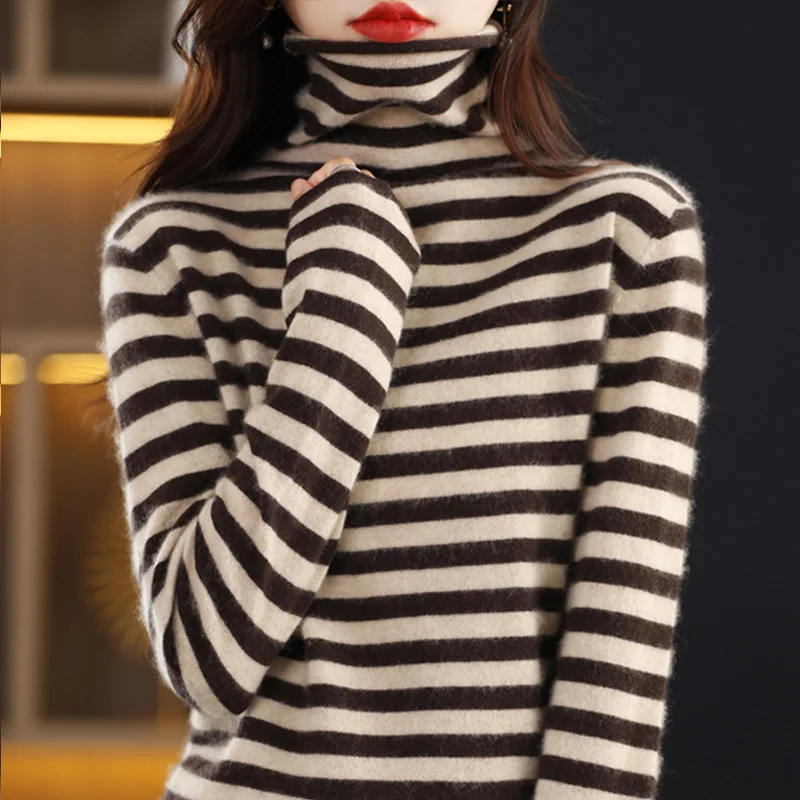 

High Collar Camere Sweater Women's Autumn Winter Knitted Wool Stripe Base Layer irt Soft Stretchy Comfortable Fit