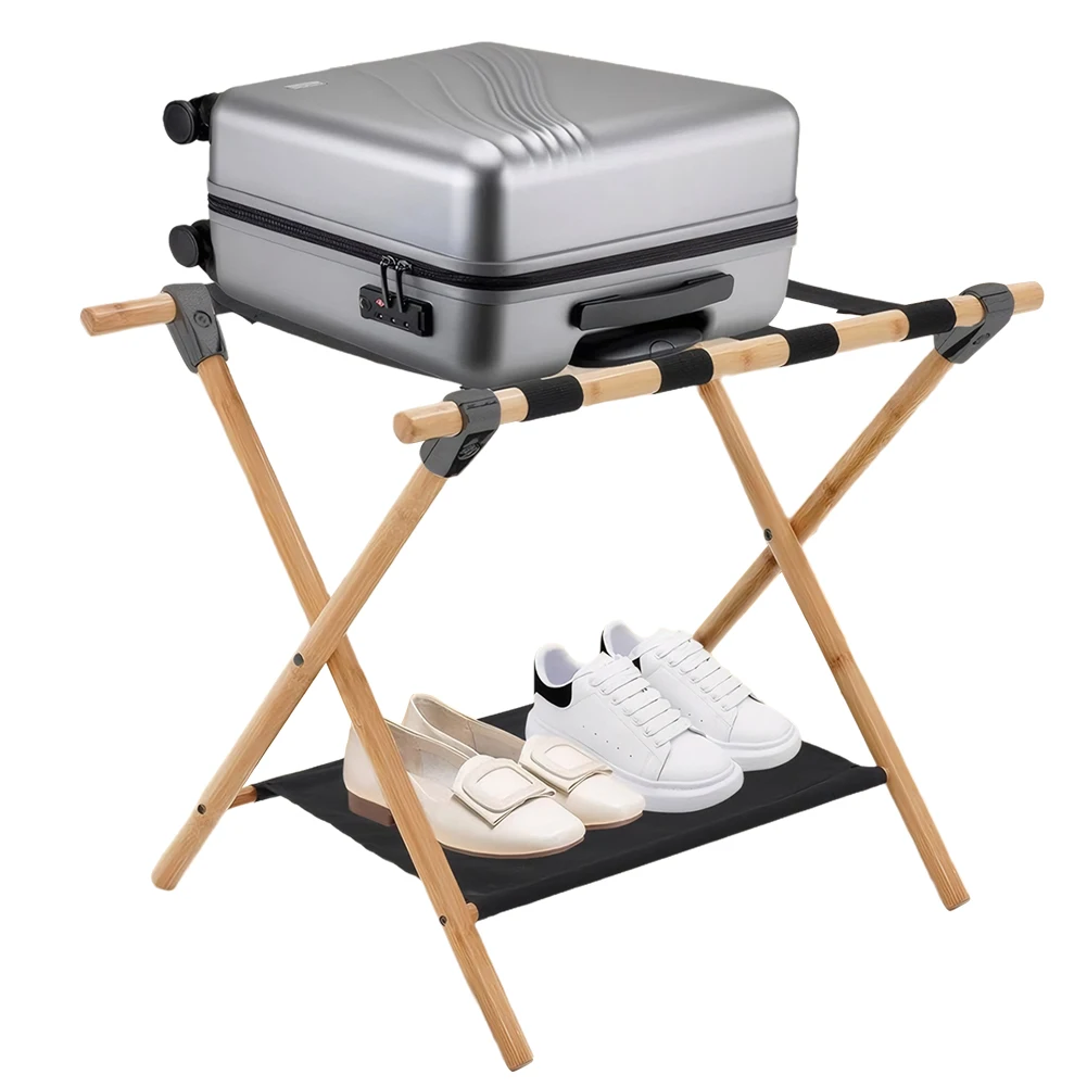 

Bamboo Luggage Rack Foldable Suitcase Holder with Nylon Straps Suitcase Bracket for Guest Room Hotel Bedroom