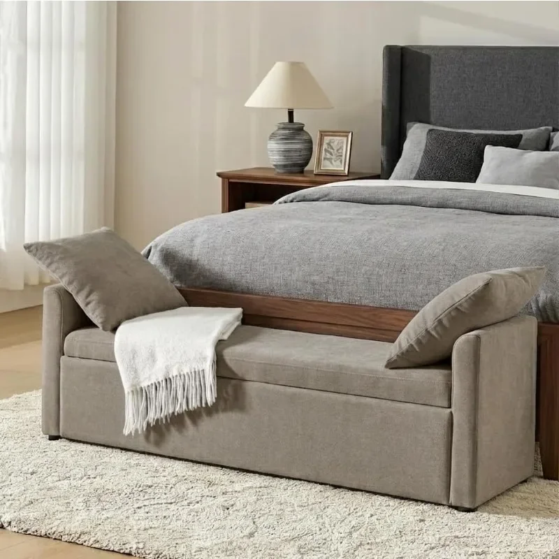 HULALA HOME Storage Bench with Throw Pillows, Modern Long Bedroom Bench for End of Bed, Comfy Upholstered Footstool for