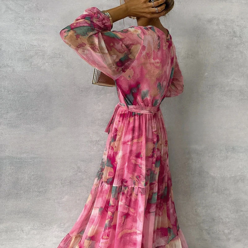 New Women Printed Office Long Dress Lady Elegant V-Neck Loose A-line Dress Summer 2024 Temperament Long Sleeve Hem Belt Dress