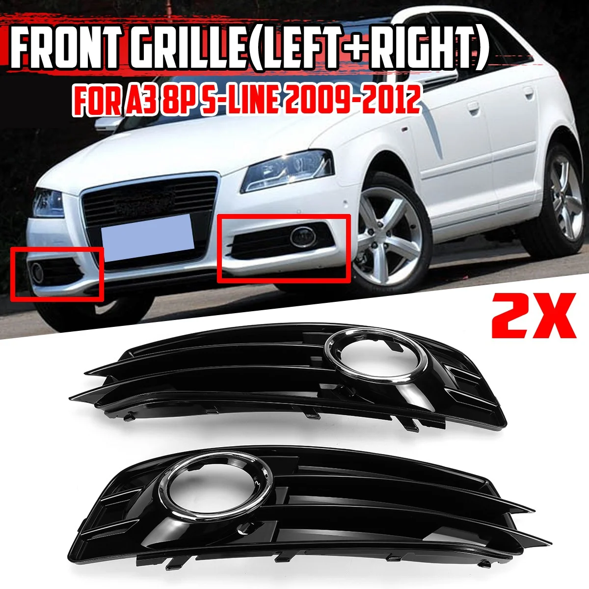 Chrome Car Front Bumper Fog Light Mesh Grille for Audi A3 8P S-Line 2009-2012 Fog Lamp Grille Covers 8P0807681 8P0807681