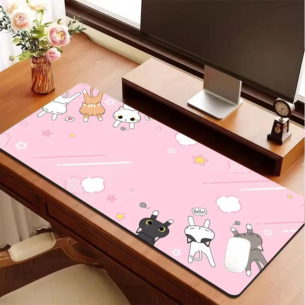 The Black Cat on the Clouds Keyboard Mouse pad Kawaii Art style patterns Pink Desk Mat PC Gamer Rug Office Carpet Home Table pad