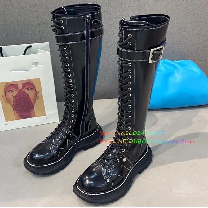 

Women Genuine Leather Thick Heel Boots Round Toe Lace Up Buckle Strap Knee High Boots Ladies Fashion Luxury Classic Knight Boots