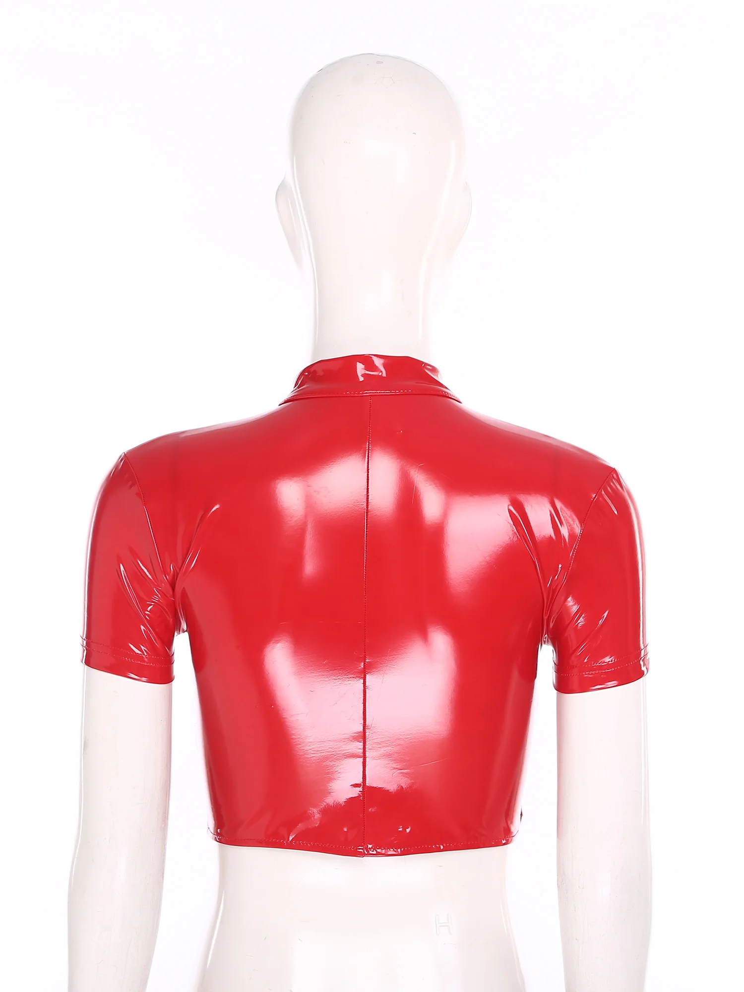 

Women Wet Look PU Cropped Top Shirts Sexy Push-up Underwire Top Glossy Raves Clubwear Cutout Mock Neck Short Sleeve Zipper Shirt