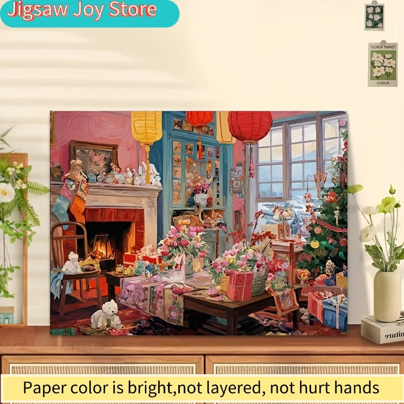 Een mini-papierpuzzel van 1000 stuks voor volwassenen, met de titel 'Kerstversiering in een gezellig huis', geschikt voor feestspellen en activiteiten