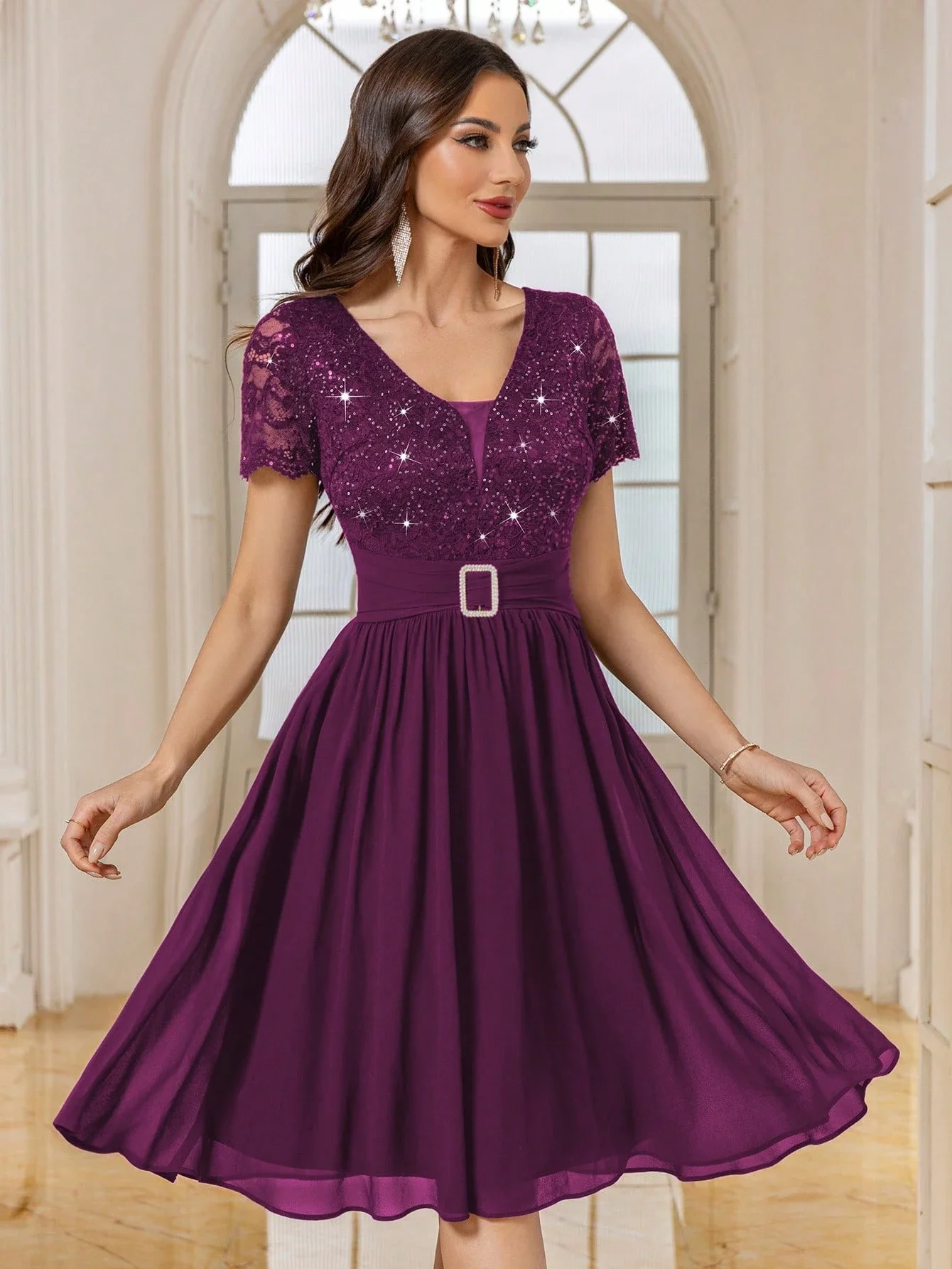 

Платье для вечеринки с глубоким V-образным вырезом, из шифона с пайетками и кружевом, А-силуэта, для гостей на свадьбу или выпускной