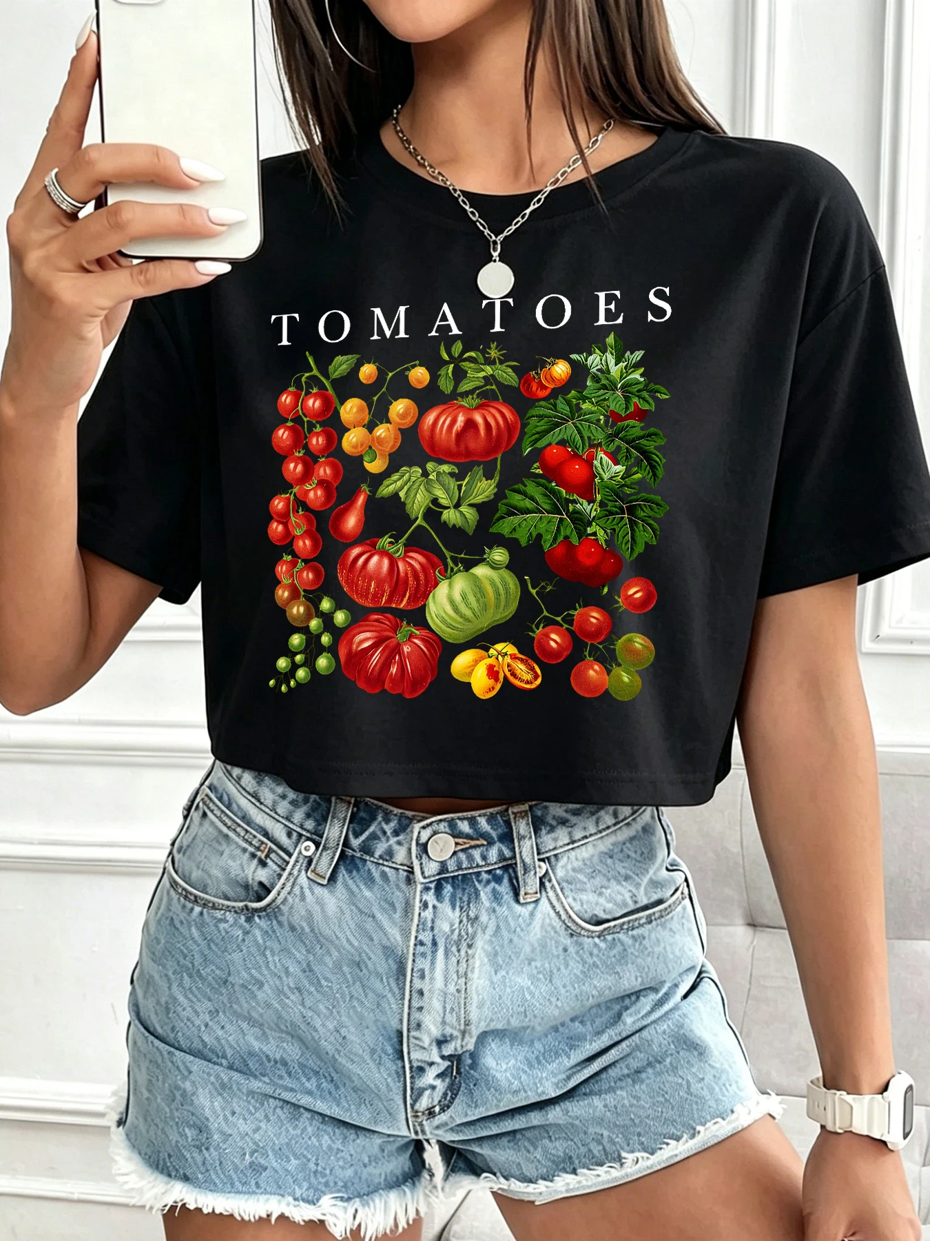 Tomatoes Of Different Shapes And Varieties Print Crop T Shirt Women Y2K Casual T-Shirt Loose Crewneck Top Summer Short Sleeve