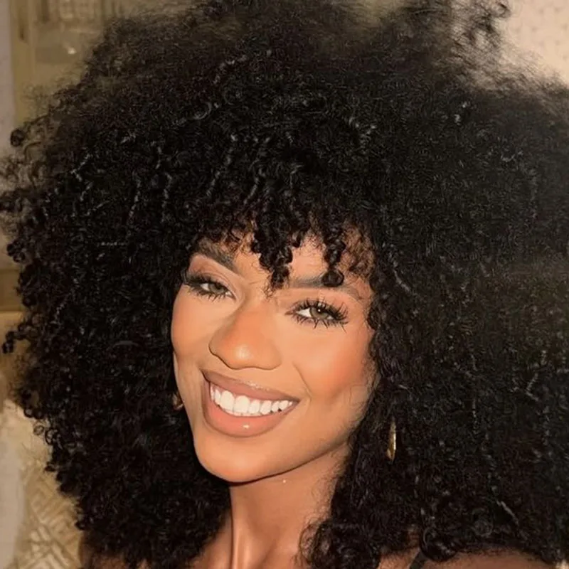 

Afro Kinky Curly Human Hair 100% Natural Wigs with Bangs Wear to go Glueless Wig Remy Brazilian Short Curly Bangs Wig Human Hair