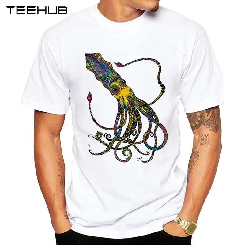 Electric Squid Men T-Shirt Hipster Octopus Design Short Sleeve Tops Geek Style Men\'s Tee Shirts