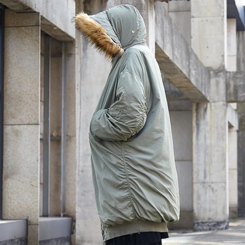 Traje de algodón con capucha para hombre, abrigo con cuello de lana, traje de algodón de longitud media, abrigo de moda de talla grande, invierno, nuevo