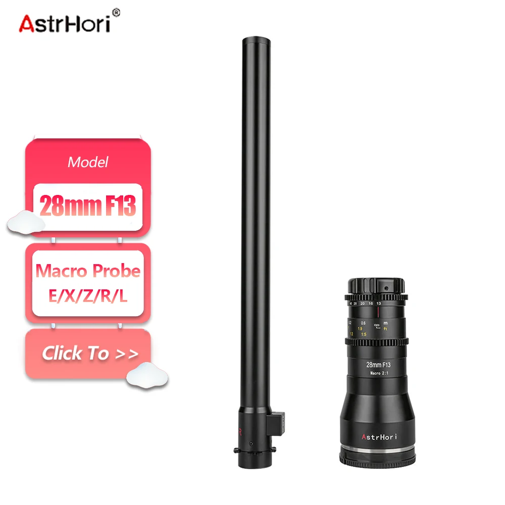 

Объектив AstrHori Full Frame 28mm F13 Probe Lens Macro 2X с ручной фокусировкой, сверхдлинный, 90-кратное увеличение ° Свободная смена насадок для съемки насекомых E Z R EF L