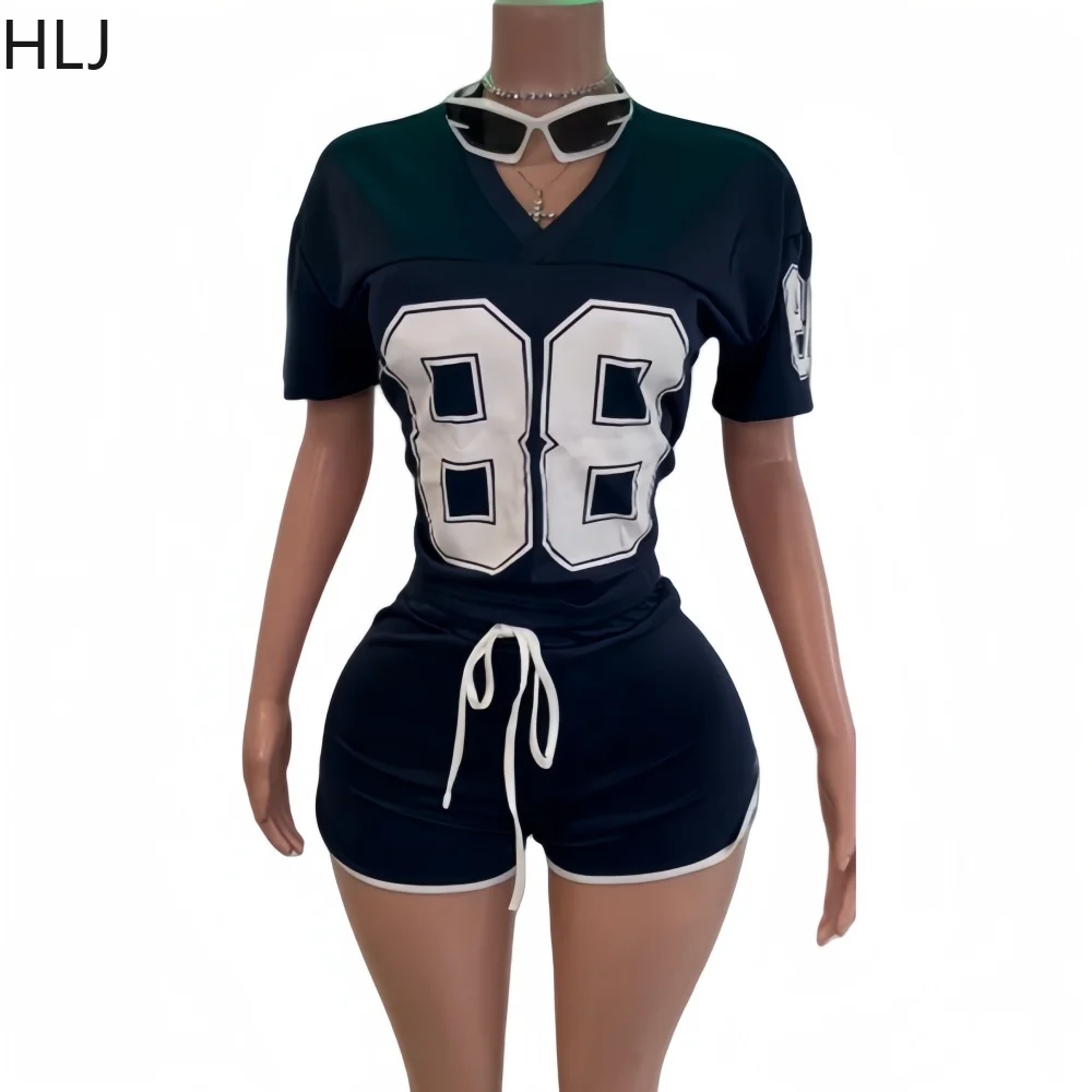 HLJ Y2K Fashion Street Letter Print Two Piece Sets For Women V Neck Tshirt And Drawstring Shorts Outfits Female Sporty Clothing