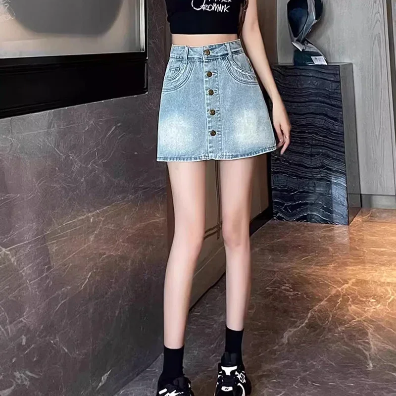 

Summer Female Ins A-line Jeans Skirt Women Fashion Ripped Short Dress Girls Chic High Waisted Slim Fit Denim Skirt