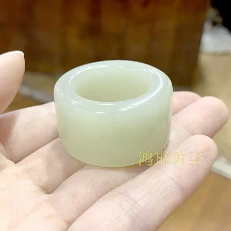Natural Xinjiang Hetian jade wrench finger men's blue and white jade stone ring wrench ring thumb ring hand piece plate play pie