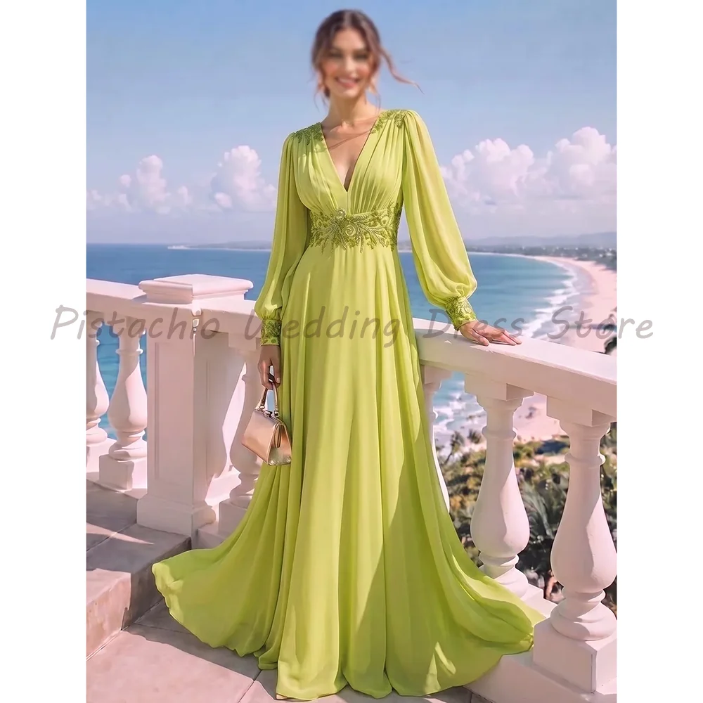 Green Deep V Neck Chiffon Evening Dress Puff Long Sleeves Embroidery Waist A‑Line Floor‑Length Formal Prom Wedding Guest Gown