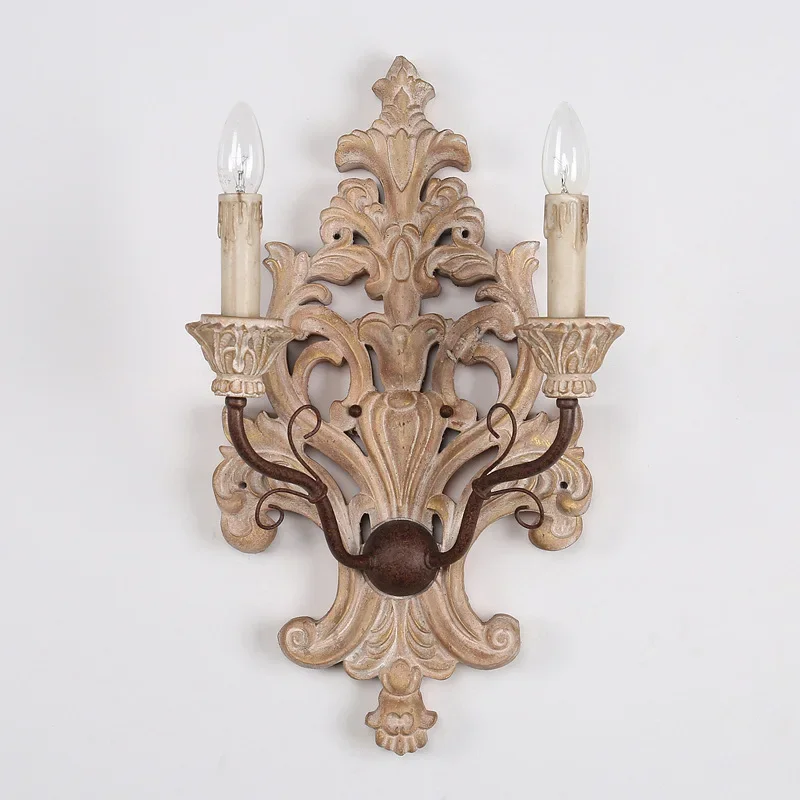 Factory Direct 2026 American country solid wood carving retro old wall lamp living room dining room bedroom corridor club decora