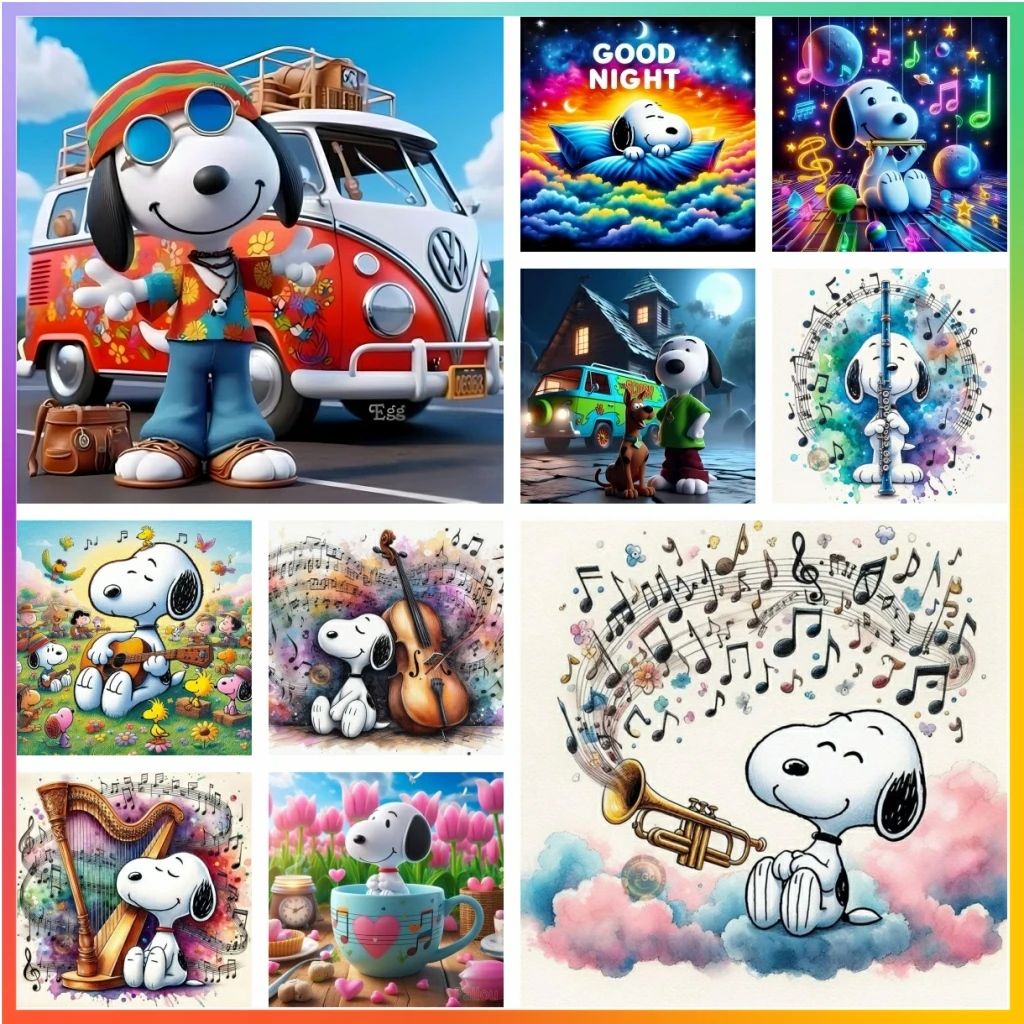 Snoopy Musical con violín, Piano, dibujos animados, mosaico de cómic, bordado, pintura de diamante, arte 5D, punto de cruz, imágenes de píxeles impresas